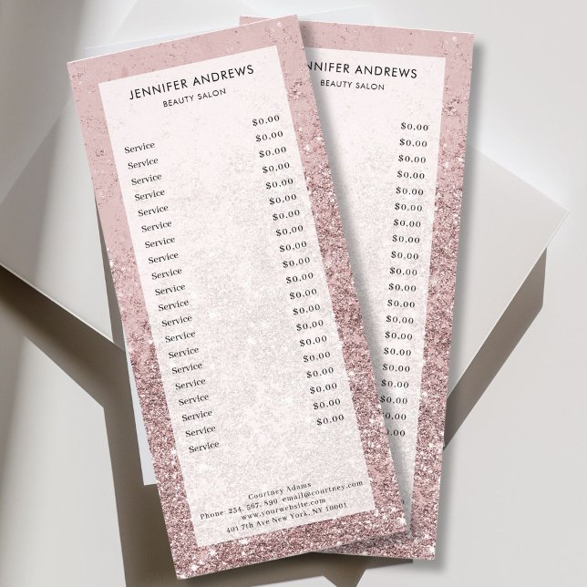 Moderne Rosegold Glitzer Salon Preisliste Werbekarte (Personalized Modern Rosegold Glitter Salon Price List Rack Card)