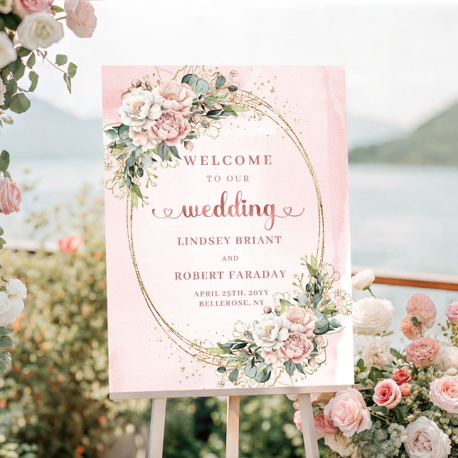 Moderne Roségold-Rosetten-Blumen-Willkommensschild Poster (Modern Rose Gold Blush Floral Welcome Sign)