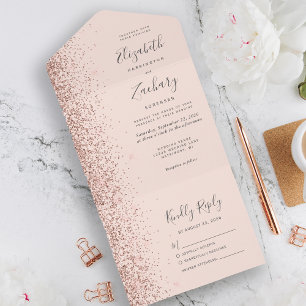 Moderne roségoldene Hochzeit mit Glitter All In One Einladung