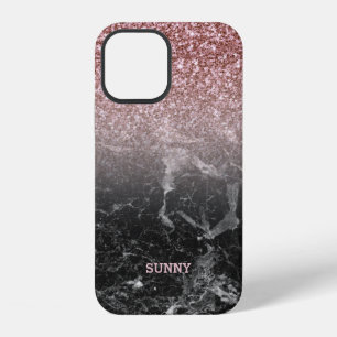 Moderne Rosen-Gold-Faux-Glitter- und schwarze Marm iPhone 12 Hülle