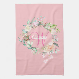 Moderne Rosen Pink Initiale Script Monogramm Geschirrtuch