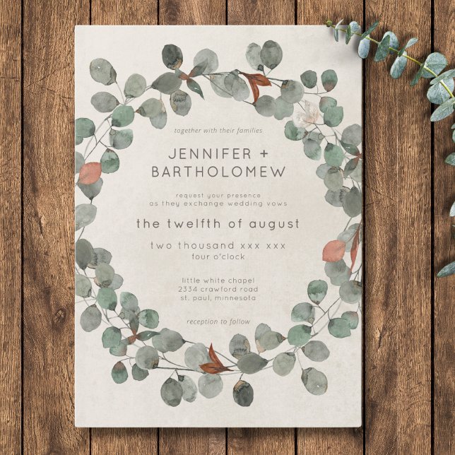 Moderne Rostgrüne Eukalyptus-Wreath-Hochzeit Einladung (Modern Rust Green Eucalyptus Wreath Wedding Invitation)