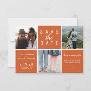 Moderne rostige Orange schlichte 3-Foto-Collage Save The Date