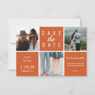 Moderne rostige Orange schlichte 3-Foto-Collage Save The Date