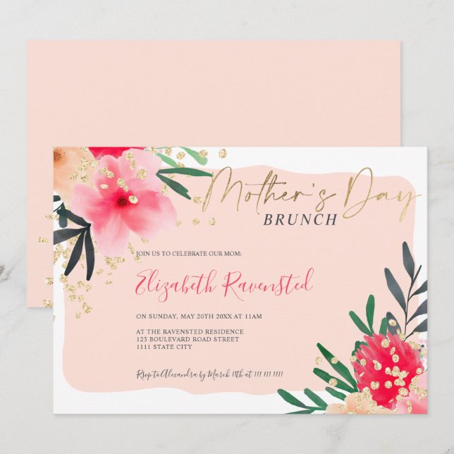 Moderne röstliche Rosa florale Girly Gold Mutter T Einladung (Vorne/Hinten)