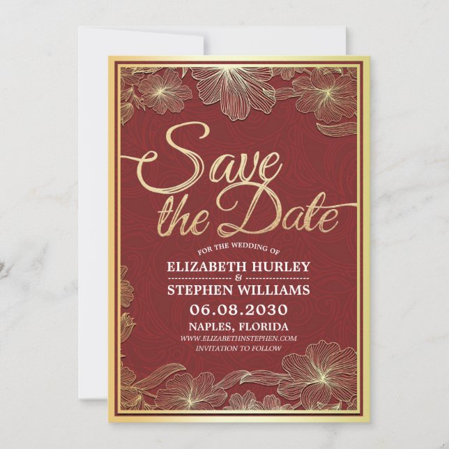 Moderne Rot-Gold-Blumenrahmen-Hochzeit retten das  Save The Date (Vorderseite)