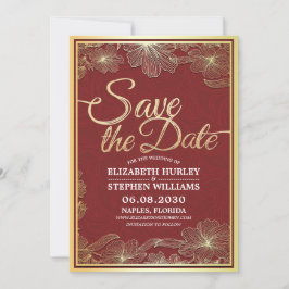 Moderne Rot-Gold-Blumenrahmen-Hochzeit retten das  Save The Date
