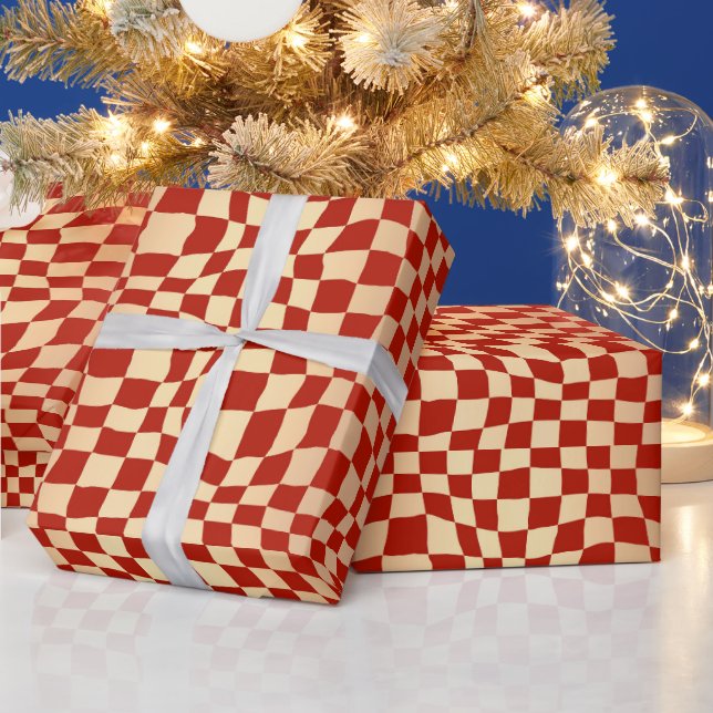 Moderne Rot-Gold-Schachbrett-Muster Weihnachten Geschenkpapier (Feiertage)