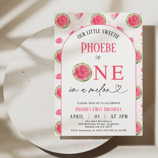 Moderne Rot-grüne Arche Eins in einem Melon 1. Geb Einladung (Modern One In A Melon 1st Birthday Invitation Invitation Template, Watermelon 1st Birthday Invite)