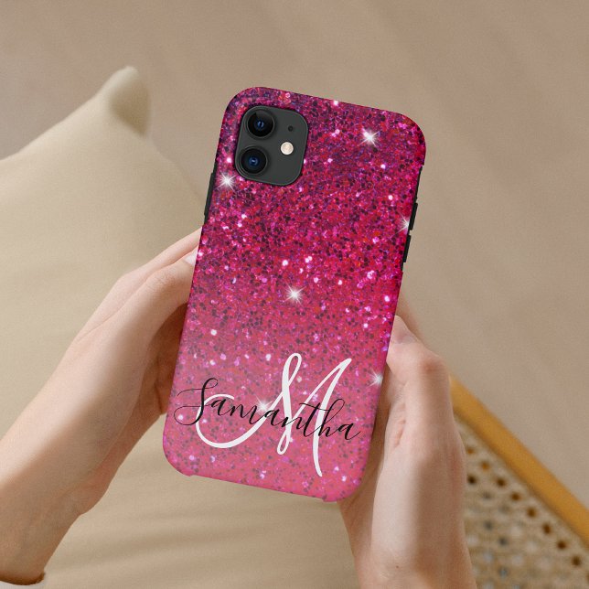 Moderne Rot-Rosa-Glitzer-Glitzern Name Case-Mate iPhone Hülle (Von Creator hochgeladen)