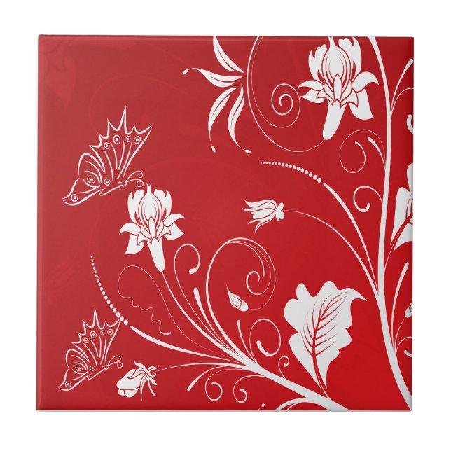 Moderne Rot- und Weißblumen Fliese (Vorderseite)