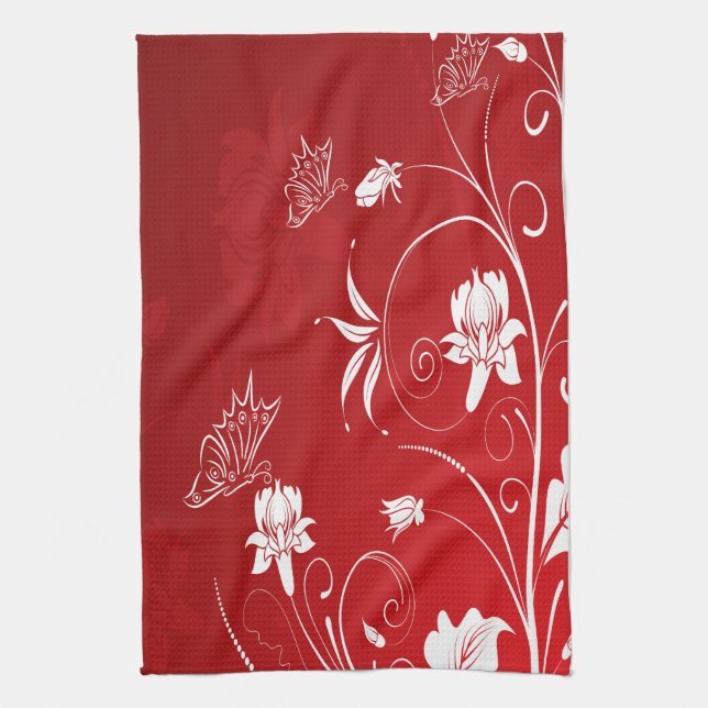 Moderne Rot- und Weißblumen Geschirrtuch (Vertikal)