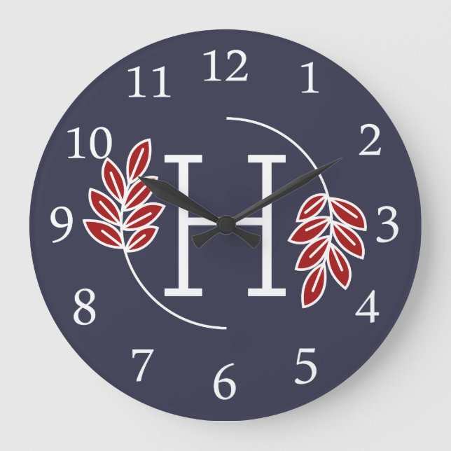 Moderne Rot-Weiß-Laurel-Monogramm Große Wanduhr (Vorderseite)