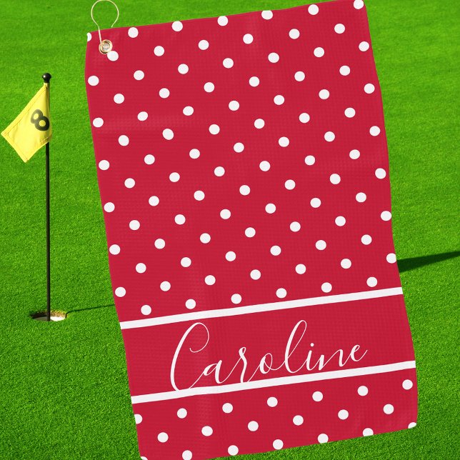 Moderne Rot-Weiß-Polka Dot Elegant Mit Monogramm Golfhandtuch (Von Creator hochgeladen)