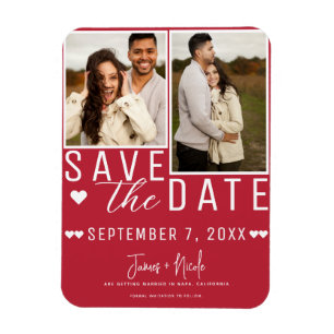 Moderne Rot & Weiß Save the Date 2 Foto Hochzeit Magnet