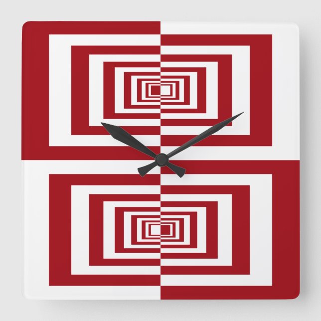 Moderne rot-weiße Geometrie Quadratische Wanduhr (Vorderseite)