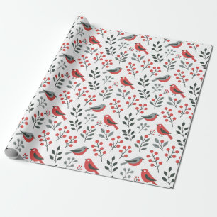 Moderne rote Beeren-Weihnachtsvogel Geschenkpapier