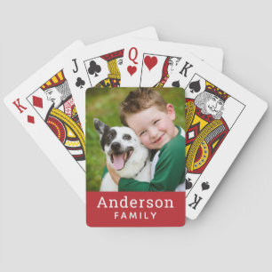 Moderne rote benutzerdefinierte Familienname-Foto Spielkarten