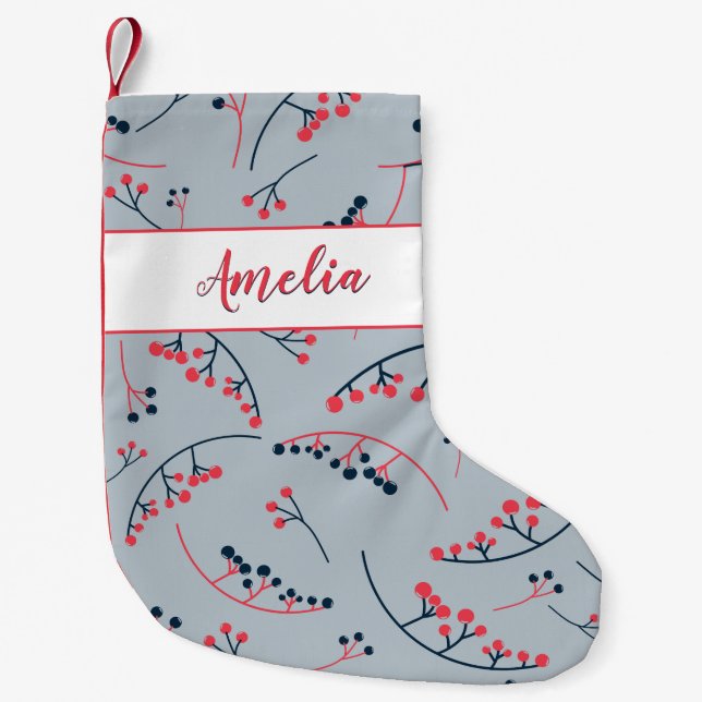 Moderne rote blaue Beerenmuster Kleiner Weihnachtsstrumpf (Vorderseite)