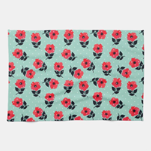 Moderne rote Blume Aqua Blue Polka Dots Küchentuch (Horizontal)