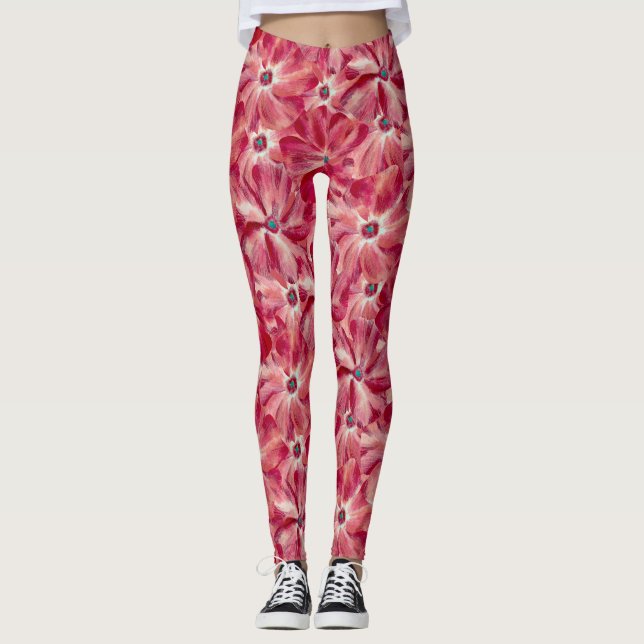 Moderne rote Blume Blumenmuster Leggings (Vorderseite)
