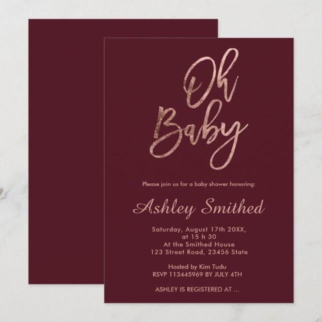 Moderne rote Bordeaux Herbst Chic Oh Babydusche Einladung (Vorne/Hinten)