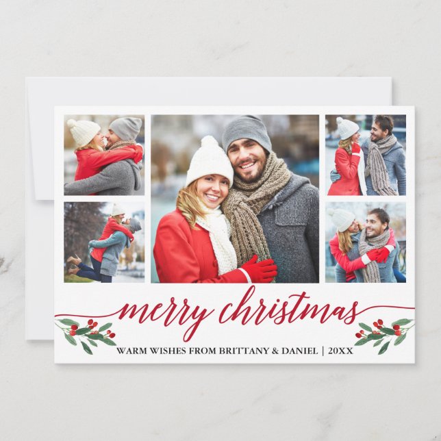 Moderne Rote Calligrafie 5 Foto Frohe Weihnachten (Vorderseite)