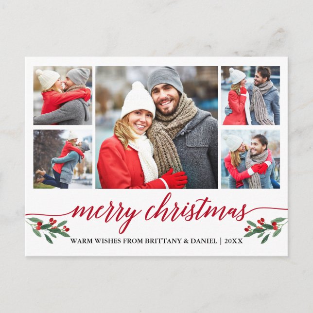 Moderne Rote Calligrafie 5 Foto Frohe Weihnachten Postkarte (Vorderseite)