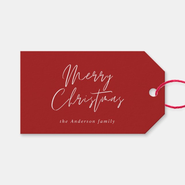 Moderne Rote Calligrafie Frohe Weihnachtsschrift Geschenkanhänger (Vorderseite (Horizontal))