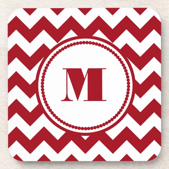 Moderne rote Chevron-Monogramm Getränkeuntersetzer (Vorderseite)