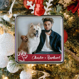Moderne rote einseitige Hunde-Foto-Pfotenabdruck-D Ornament Aus Metall