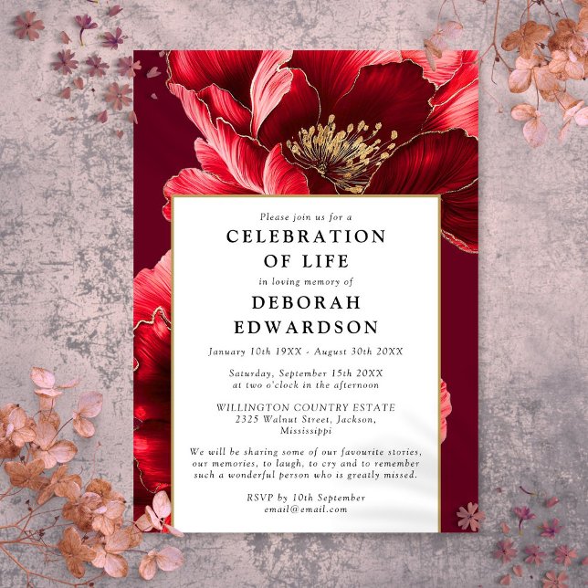 Moderne rote Elegante Blumenfeier Einladung (Modern Red Elegant Floral Celebration Of Life Invitation)