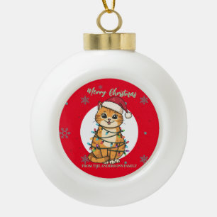 Moderne rote fröhliche Katze Schneeflocke Weihnach Keramik Kugel-Ornament