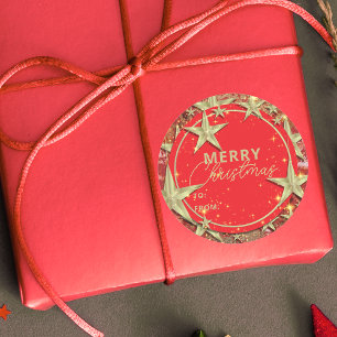 Moderne rote goldene Glitter-Stern-Weihnachtsgesch Runder Aufkleber