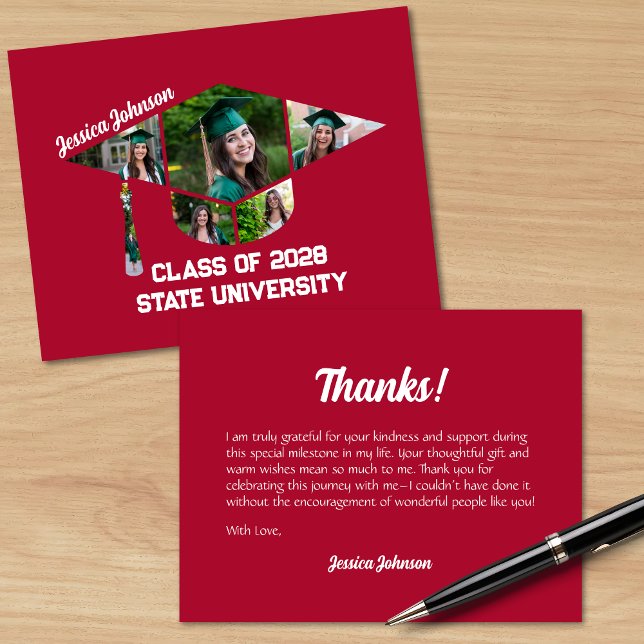 Moderne rote Graduierungstafel Form FotoCollage Dankeskarte (Modern Red Graduation Cap Shaped Photo Collage Thank you Card)