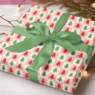 Moderne rote grüne Weihnachtsbaum karierte Muster Geschenkpapier