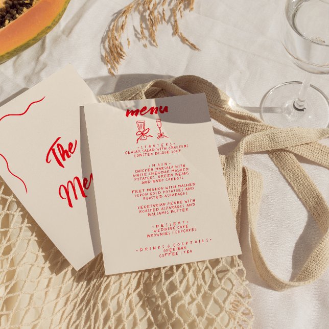 Moderne Rote Hand Vintage Quirky-Hochzeit Menükarte (Von Creator hochgeladen)