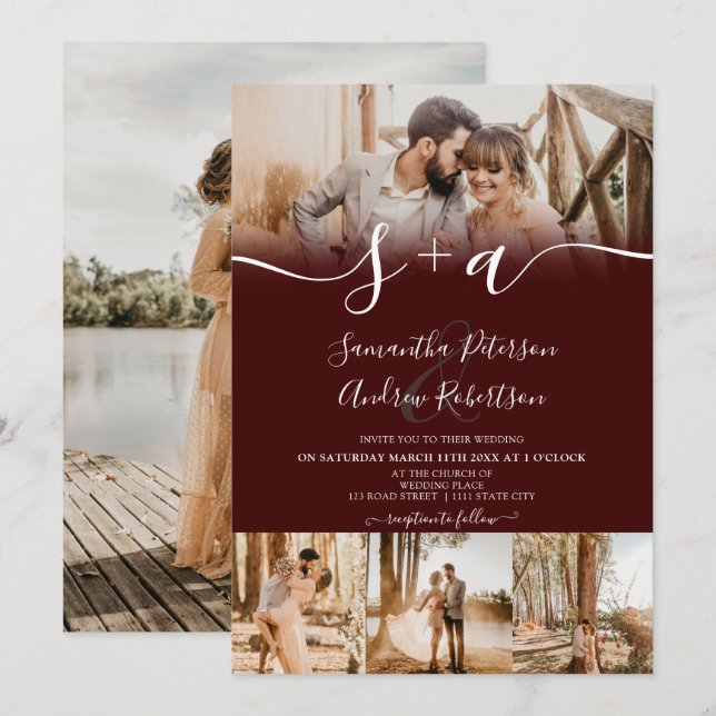 Moderne rote Initialen Drehbuch 5 Fotos Hochzeit Einladung (Vorne/Hinten)