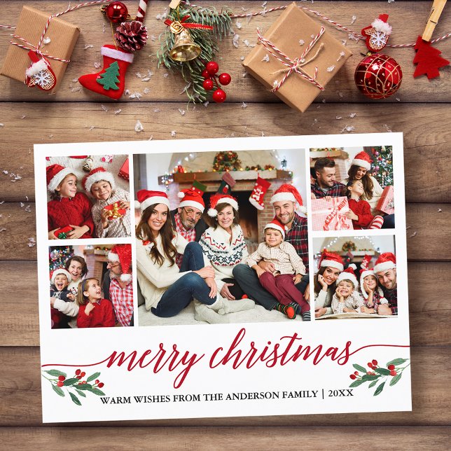 Moderne Rote Kalligrafie 5 Foto Weihnachten Postkarte (Customize to change your personalized text size or text style.)