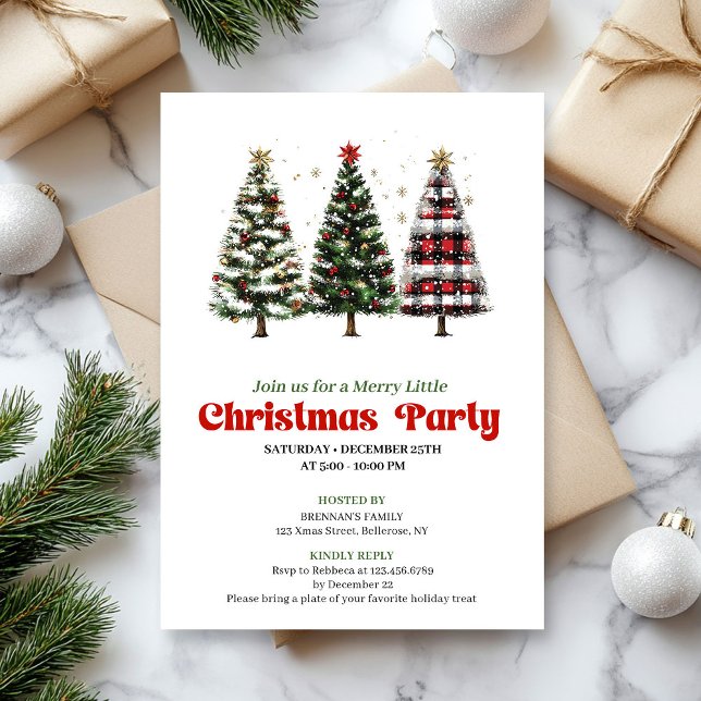 Moderne rote karierte Büffel-Weihnachtsbaum-Einlad Einladung (Modern red plaid buffalo Christmas tree invite)