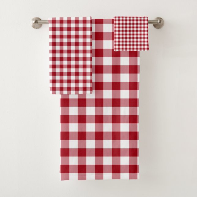 Moderne rote karierte Gingham-Muster Badhandtuch Set (Insitu)