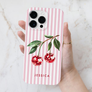 Moderne rote Kirschen rosa Streifen personalisiert Case-Mate iPhone 14 Pro Max Hülle
