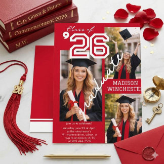 Moderne rote Klasse 2026 3-Foto-Abschluss-Einladun Einladung