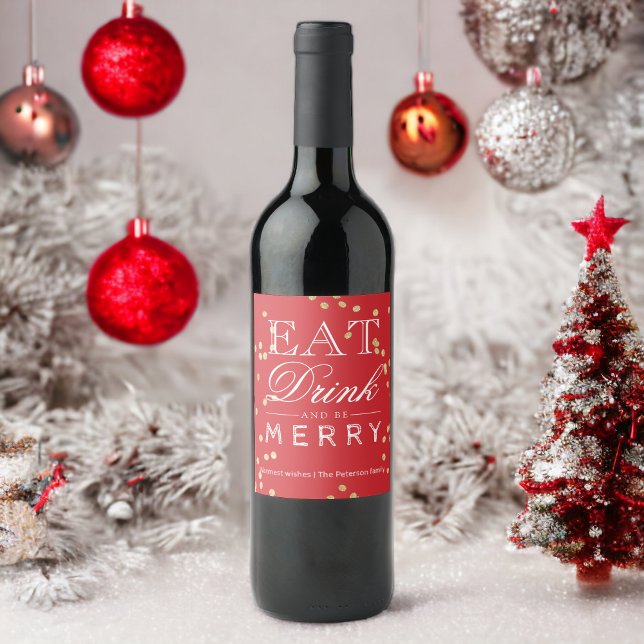 Moderne rote Konfetti-Typografie Weihnachten Weinetikett (Modern red confetti typography Christmas Wine Label)
