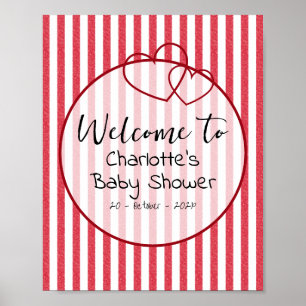 Moderne rote Kreidestreifen-Doppelherzen-Baby-Part Poster