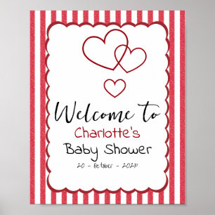 Moderne rote Kreidestreifen Dreifache Herzen Baby- Poster