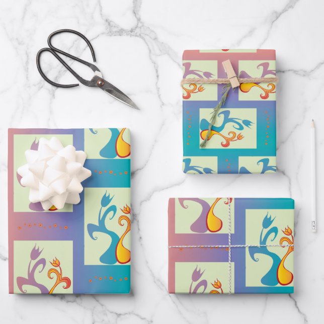 Moderne rote, lila und blaue Tulip-Muster Geschenkpapier Set (Vorderseite)