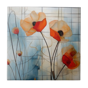 Moderne rote Mohnblumen mit blauen geometrischen L Fliese