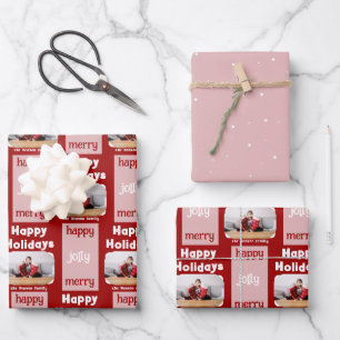 Moderne rote pinke Familienfoto-Weihnachtsfreude Geschenkpapier Set