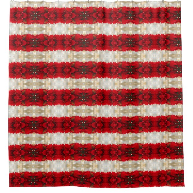 Moderne rote Poinsettien und Streifen aus weißem L Duschvorhang (Vorderseite)